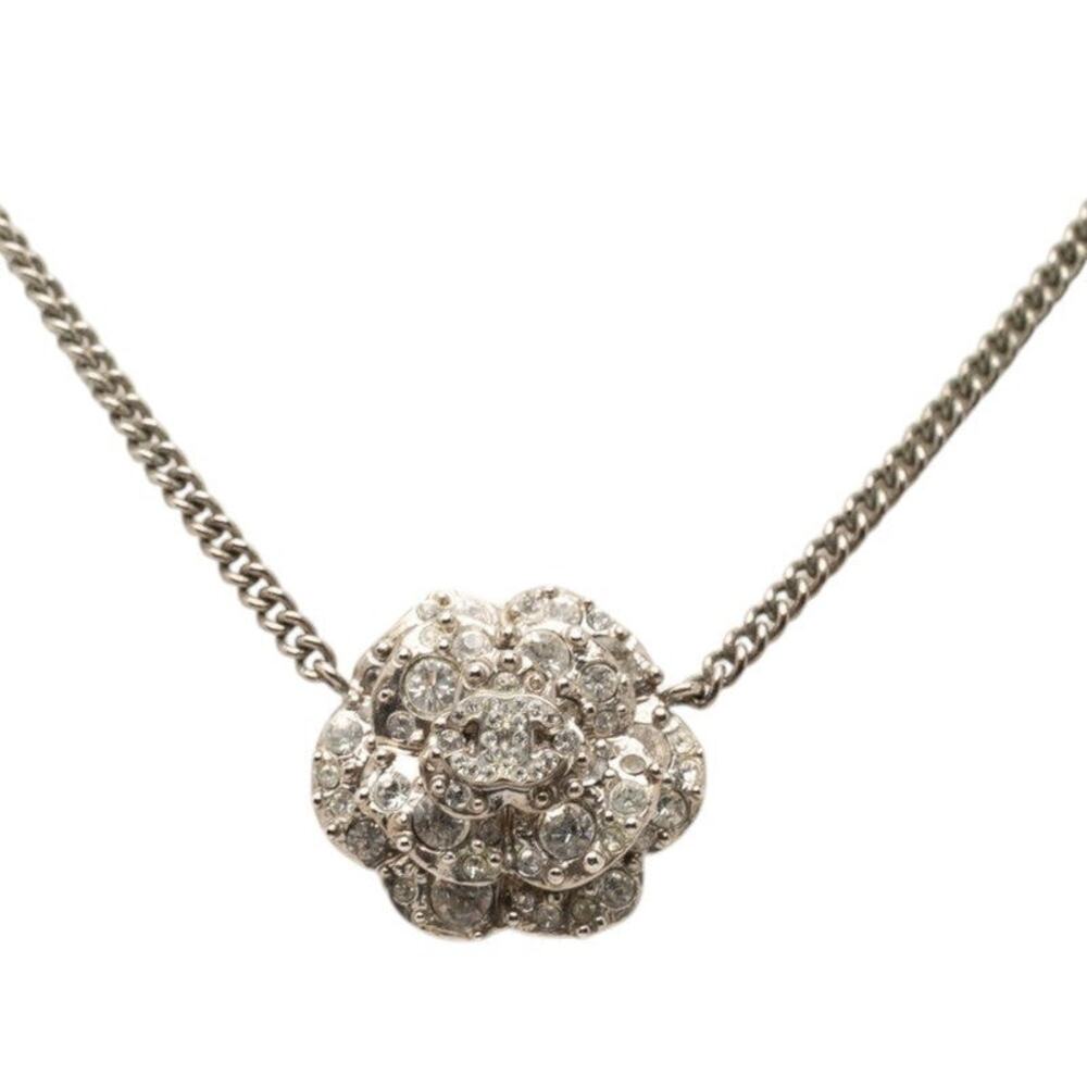 Chanel Camellia CC Logo Silver Metal Rhinestone Necklace
